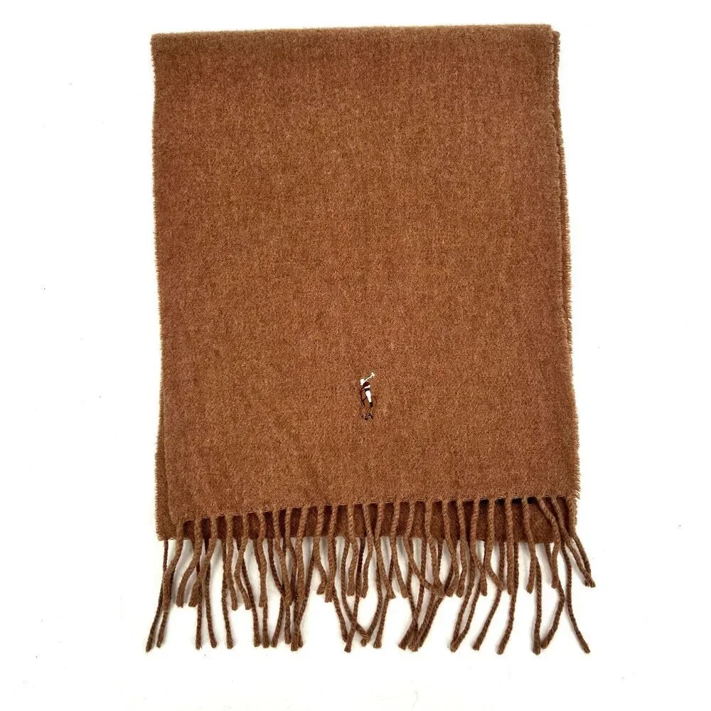 POLO RALPH LAUREN Vintage Brown 100% Lambs Wool Embroidered Pony Fringe Scarf